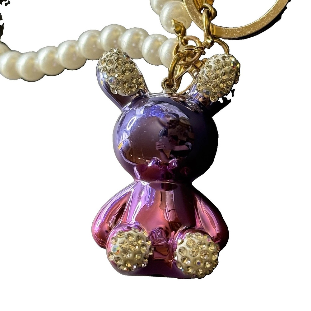 Cute! Pink Purple Bunny Keychain Crystal Bag Charm Purse Charm Gold Bracelet